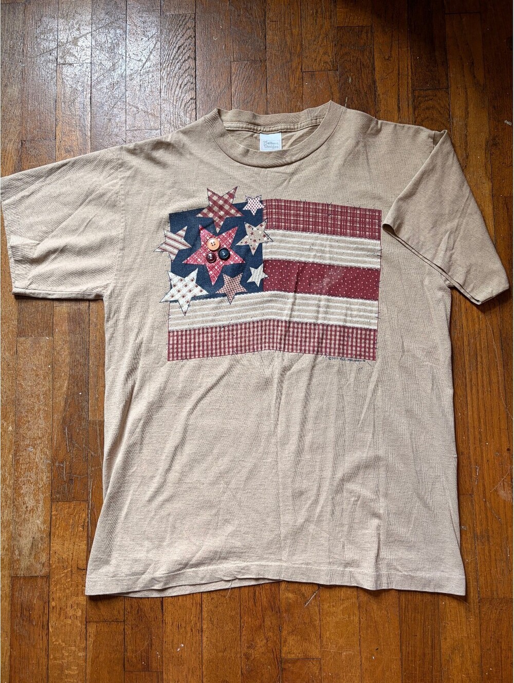 Vintage 1994 Melhart Designs Tan Primitive American Flag T-Shirt Women's L
